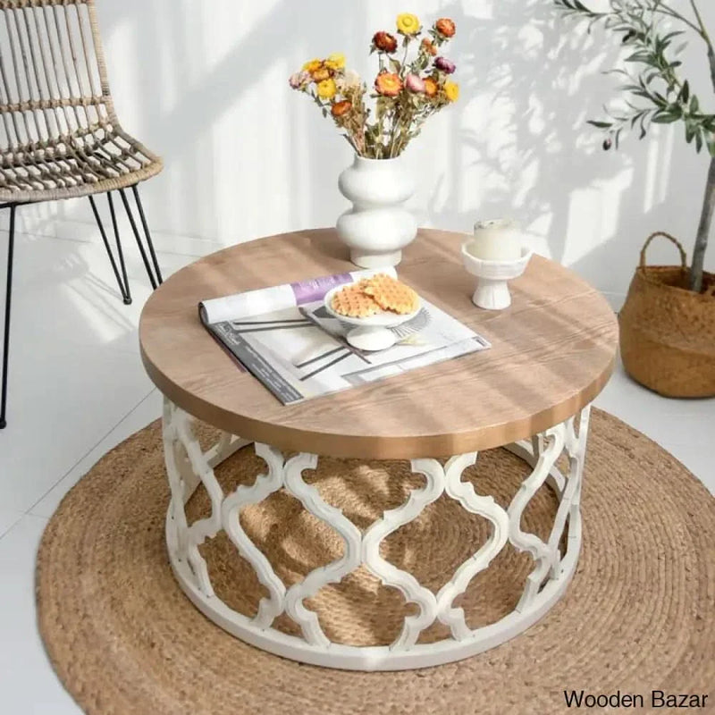 Windfield Farmhouse Round Coffee Table, Rustic Distressed Wood Top Table