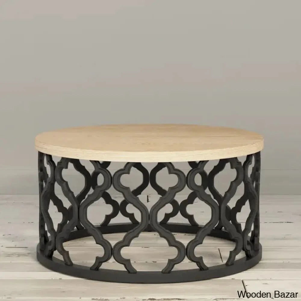 Windfield Farmhouse Round Coffee Table Rustic Distressed Wood Top Black