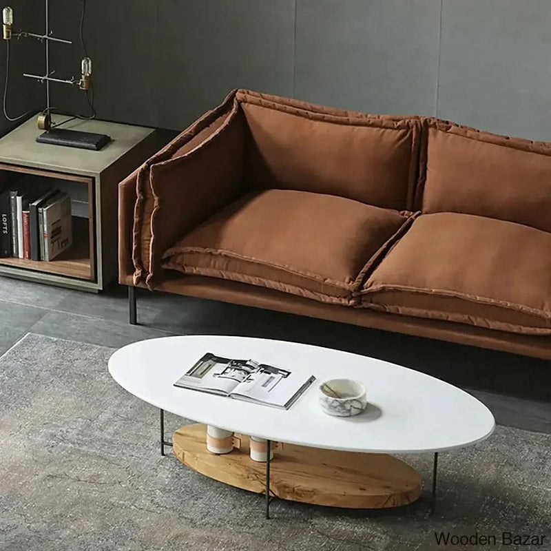 Craft Decor 39" Modern White & Natural Oval Coffee Table with Storage Shelf Light Wood and Metal
