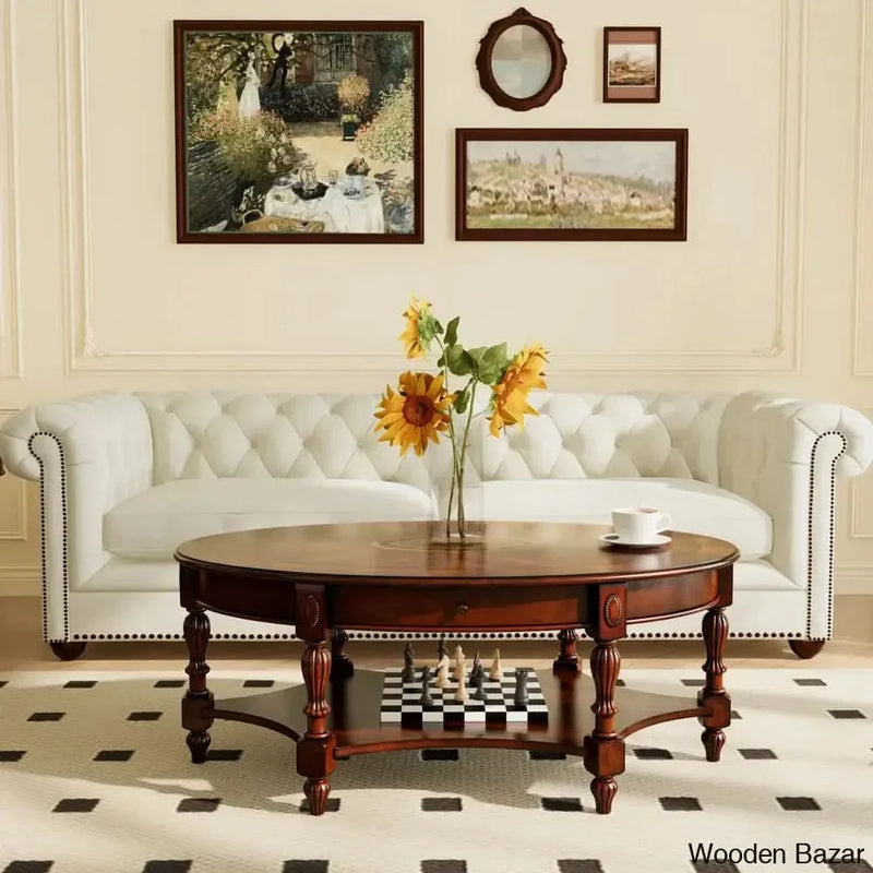 Craft Decor Chowning 45"W Oval Cocktail Table Coffee Table With Drawers and Shelf