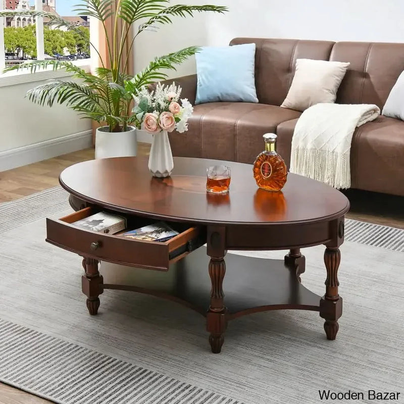 Craft Decor Chowning 45"W Oval Cocktail Table Coffee Table With Drawers and Shelf