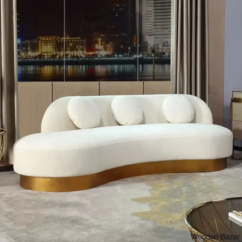 Wooden Bazar  & Gold Velvet Curved Sofa for 3 Seaters with Pillows & Stainless Steel Base