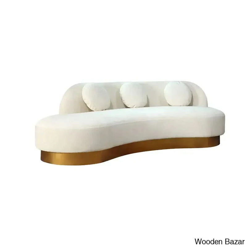 Wooden Bazar  & Gold Velvet Curved Sofa for 3 Seaters with Pillows & Stainless Steel Base
