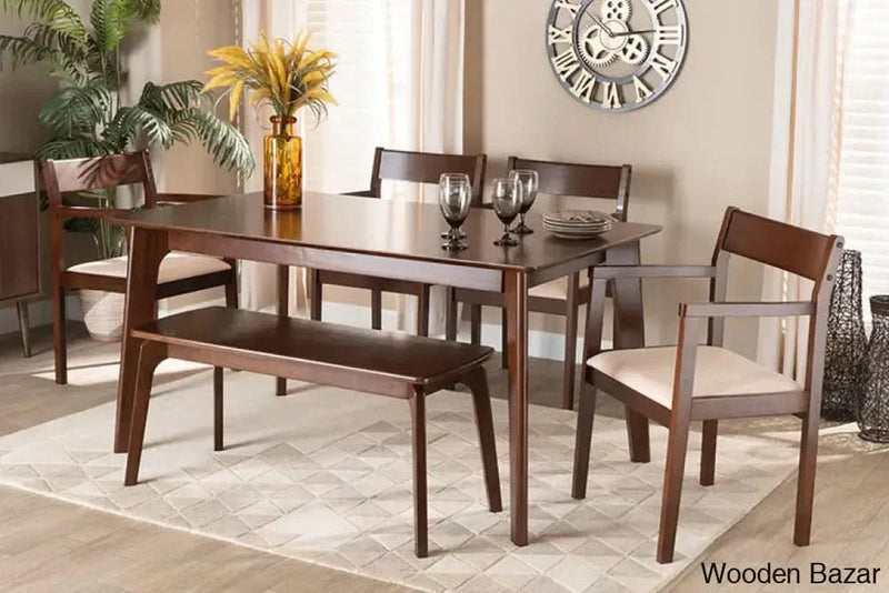 Craft Decor Helene Mid-Century Modern Cream Fabric and Dark Brown Finished Wood 6-Piece Dining Set