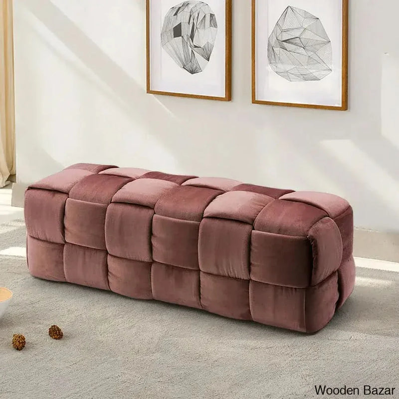 Craft Decor  Velvet Upholstered Bench Rectangle Weave Bedroom Bench in Pink