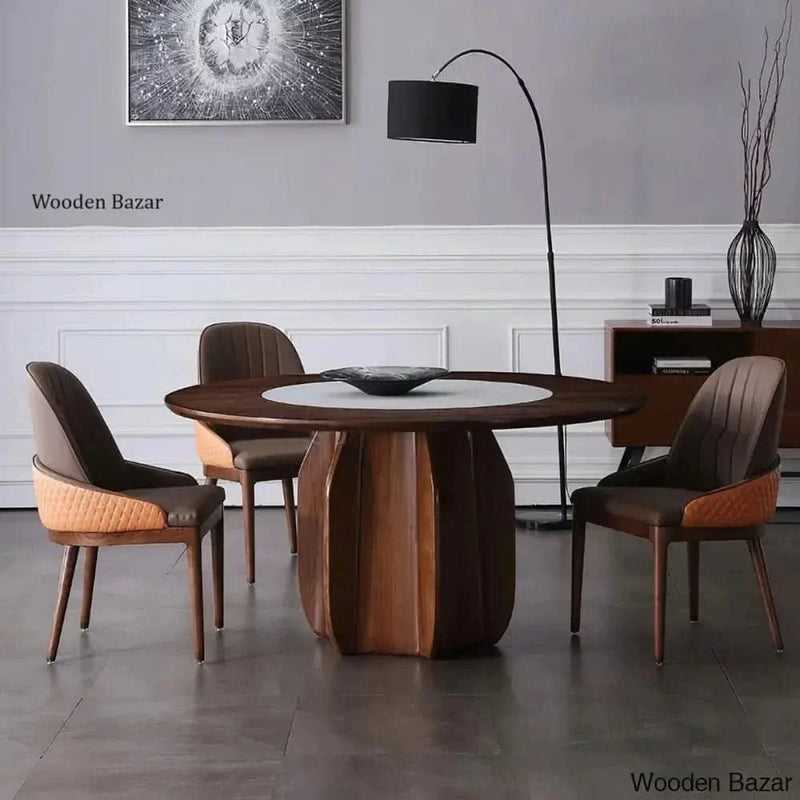 Wooden Dining Table With Marble Top and Walnut Finish - Craft Decor