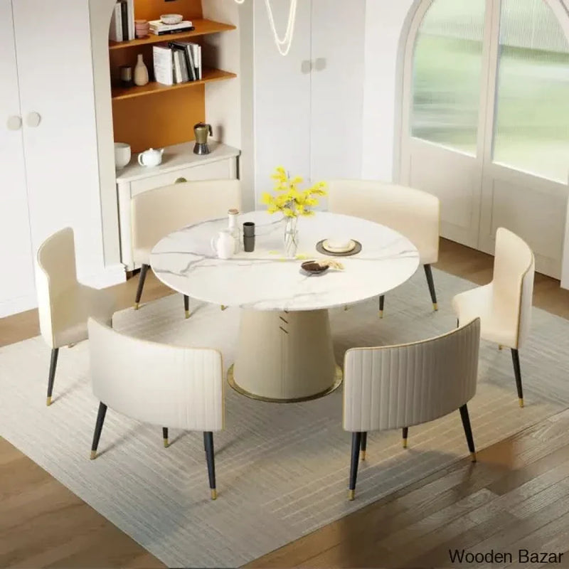 Wooden Royal 6 Seater Dining Table set In Marble Top