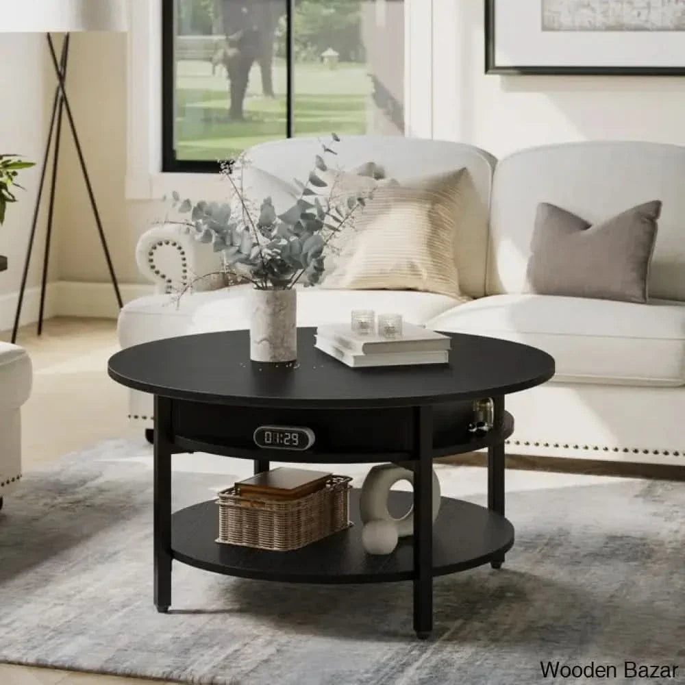 Wynny Wood Round Lift-Top Small Coffee Table Storage Cocktail Black
