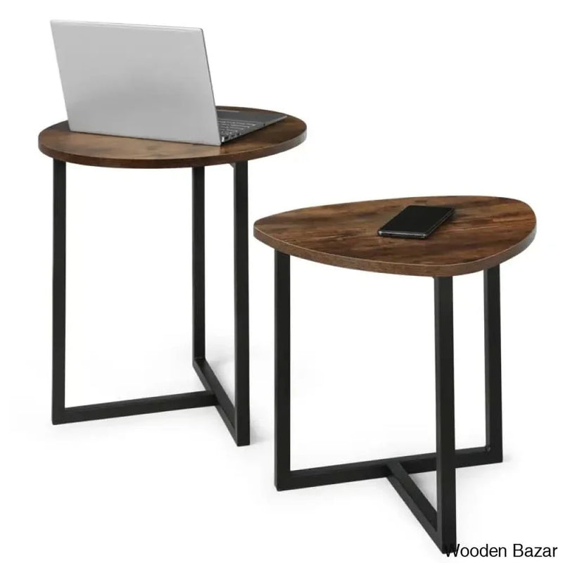 Zenin Modern 2 Piece Nesting Coffee and Center Table Set With Wood Grain Top Metal Legs