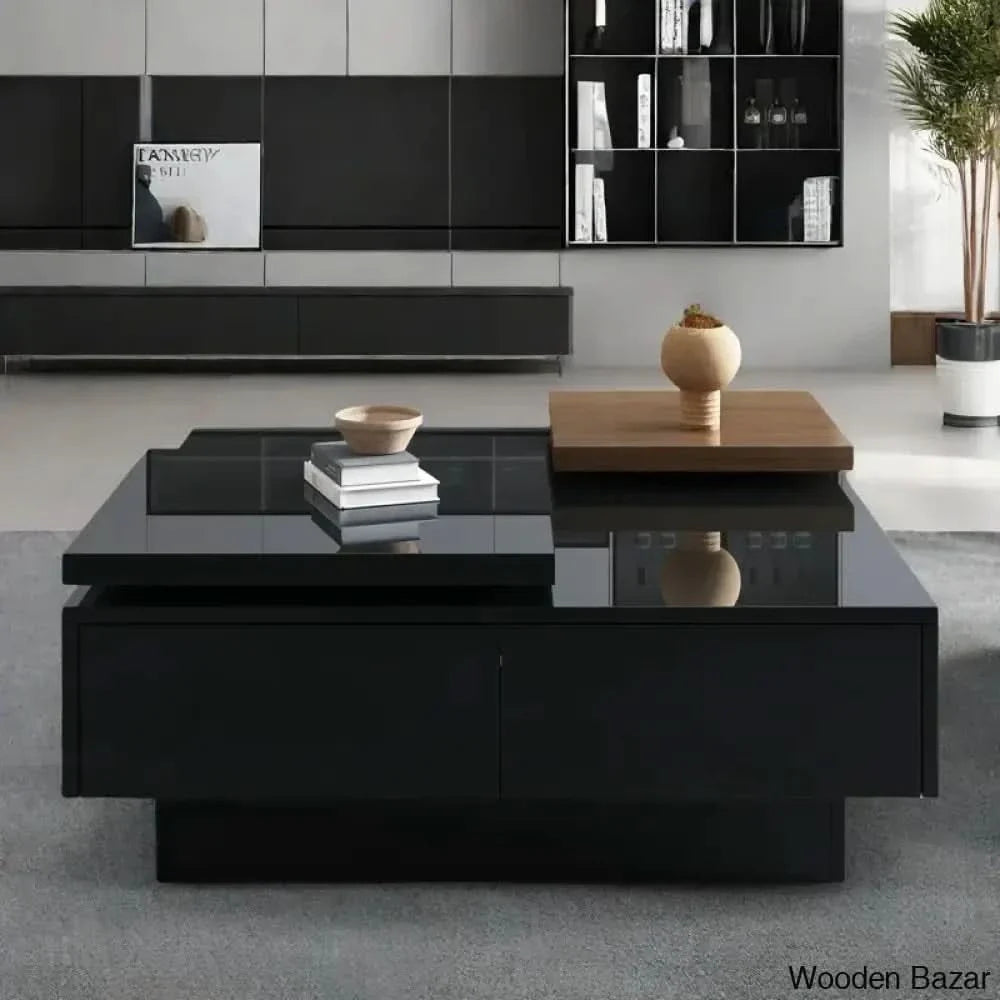 Zhanatw High Gloss Coffee And Center Table With Two Top Moving Blocks Four Storage Drawers Black